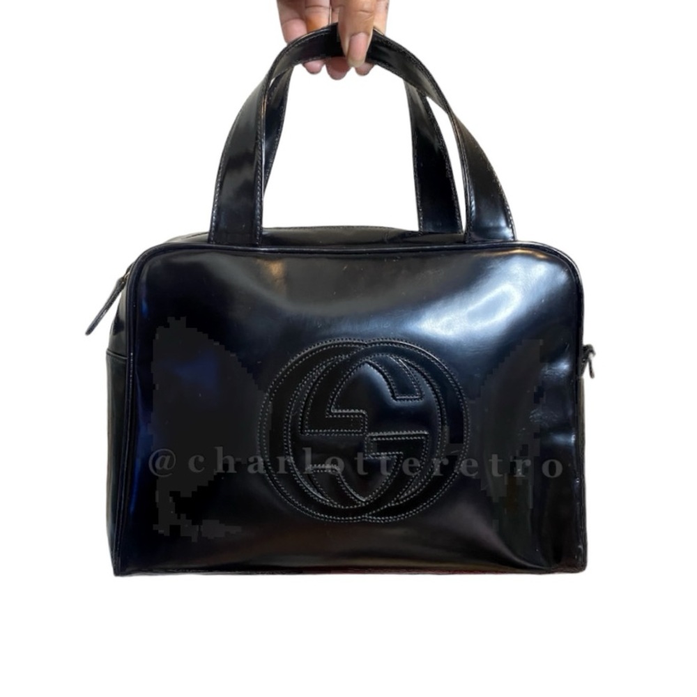 90s vtg Gucci x Tom Ford • Black Patent Leather Bowler w Strap - Picture 2 of 15